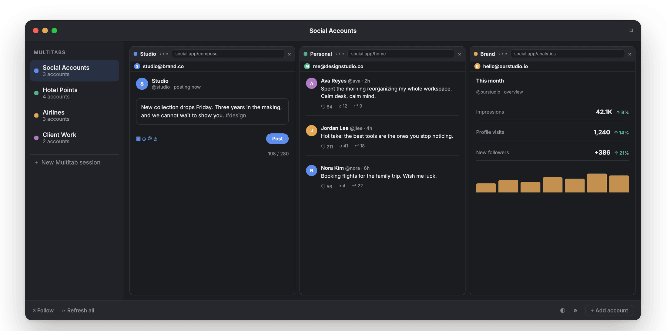 Three social media accounts open side by side in Account Gallery, dark mode.