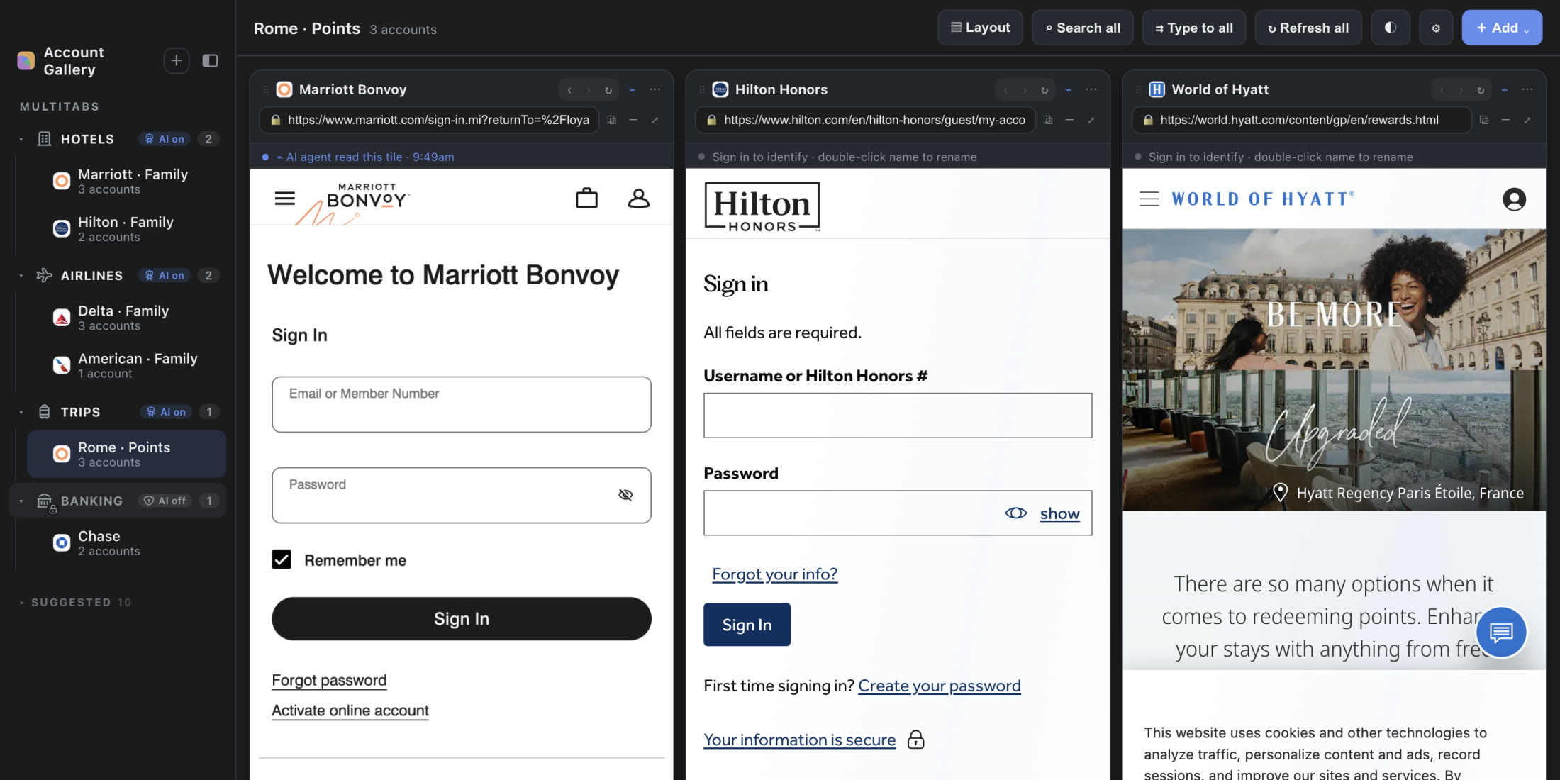 A real Atrium Browser capture, dark mode: Marriott, Hilton, and Hyatt open side by side.