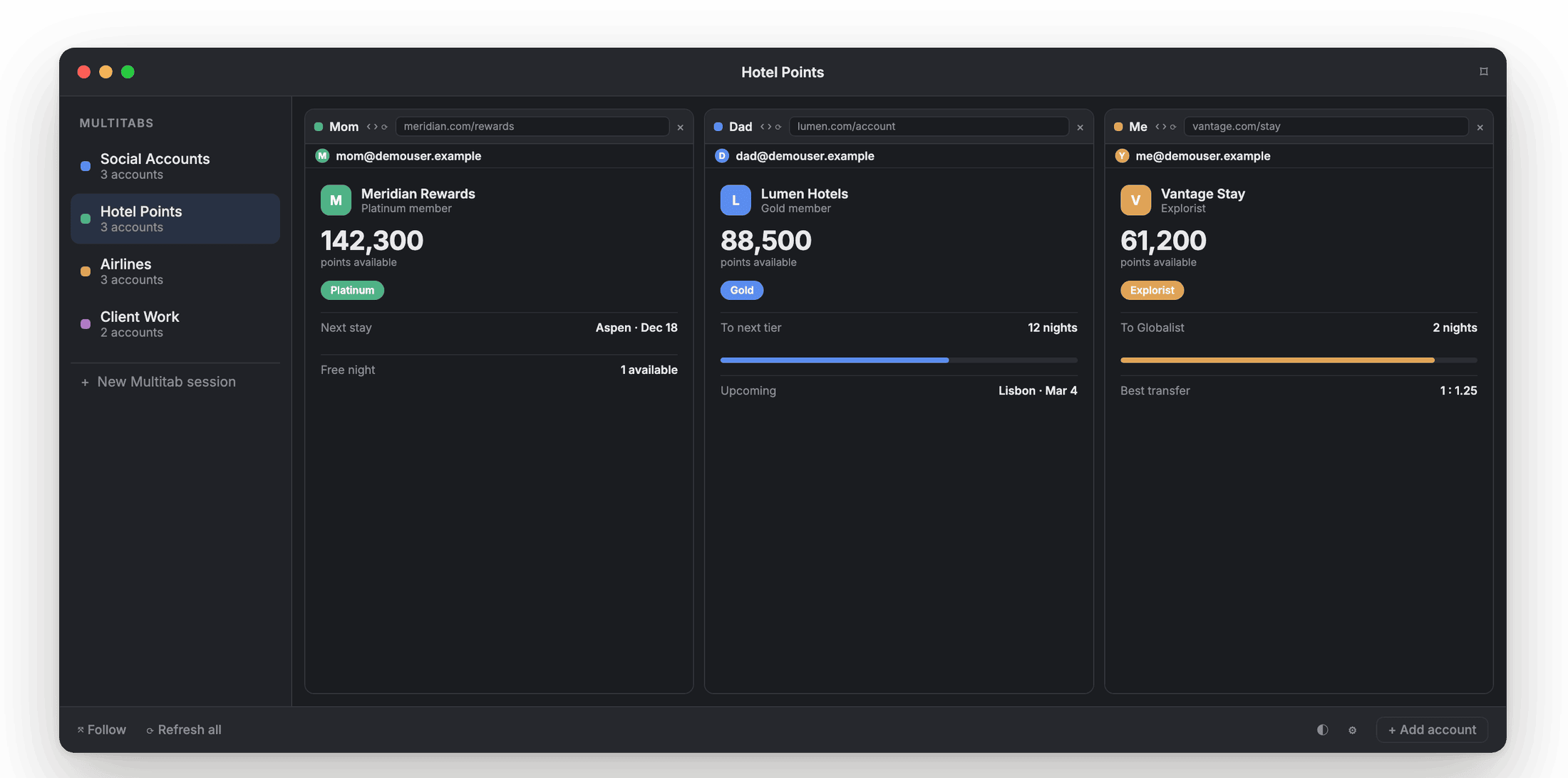 Three family hotel-loyalty accounts open side by side in Account Gallery, dark mode.