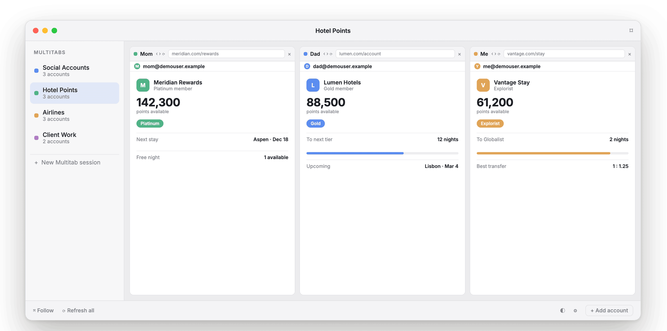 Three family hotel-loyalty accounts open side by side in Account Gallery, each with points and status.
